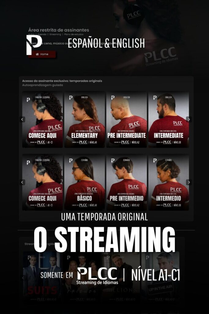 Plataforma de idiomas com streaming de filmes para aprender inglês e espanhol.