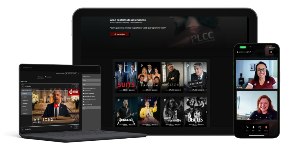 Plataforma de idiomas com streaming de filmes para aprender inglês e espanhol.